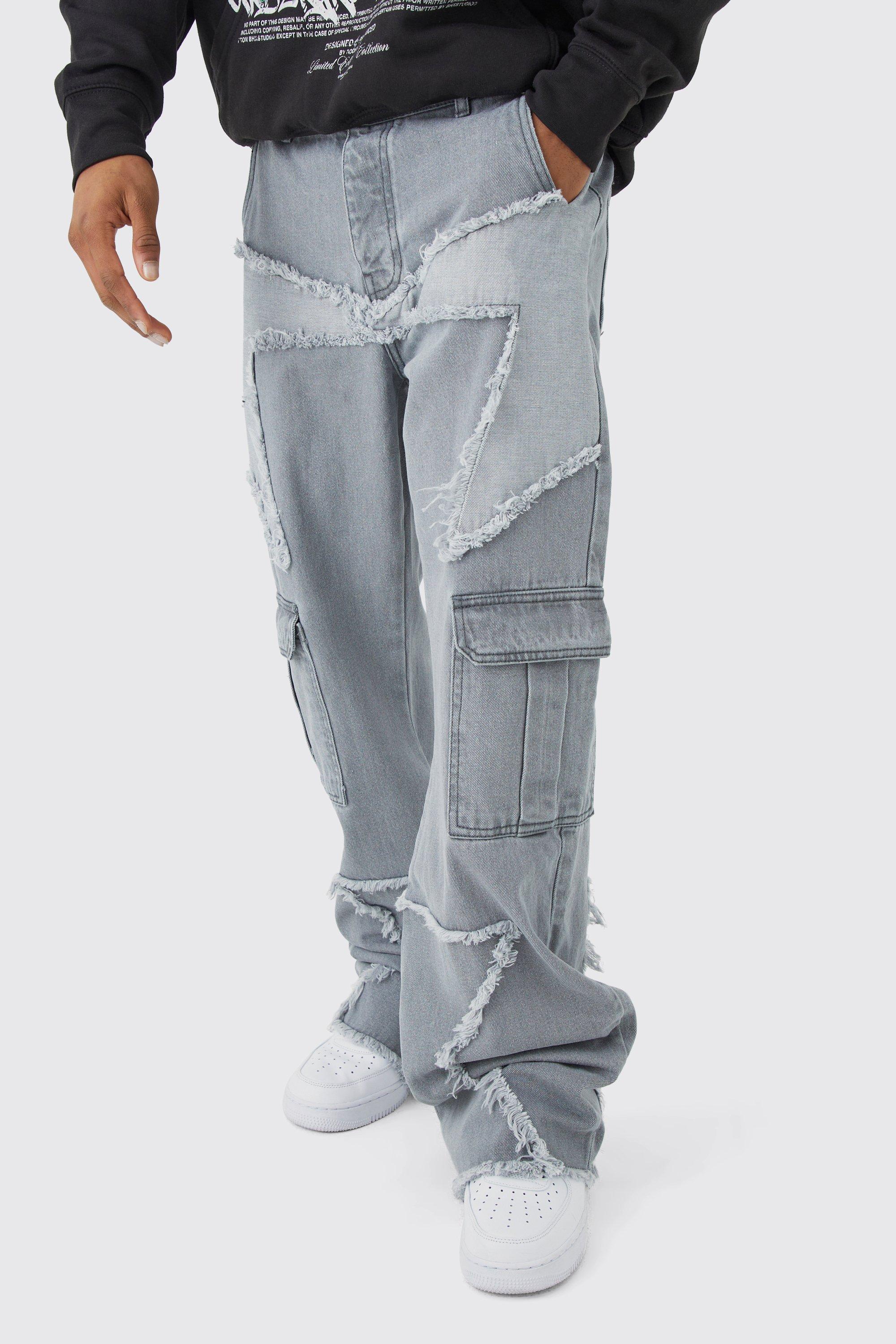 Relaxed Rigid Flare Distressed Star Cargo Jeans | boohooMAN UK